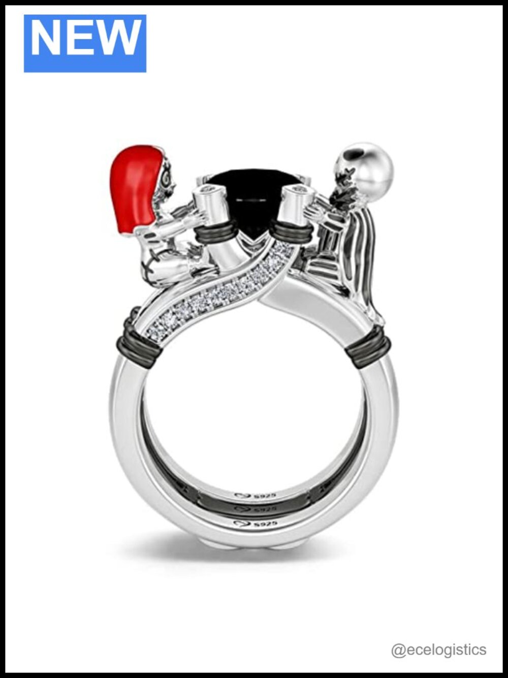 Sterling Silver Skull Couple Round Cut Ring Engagement Wedding